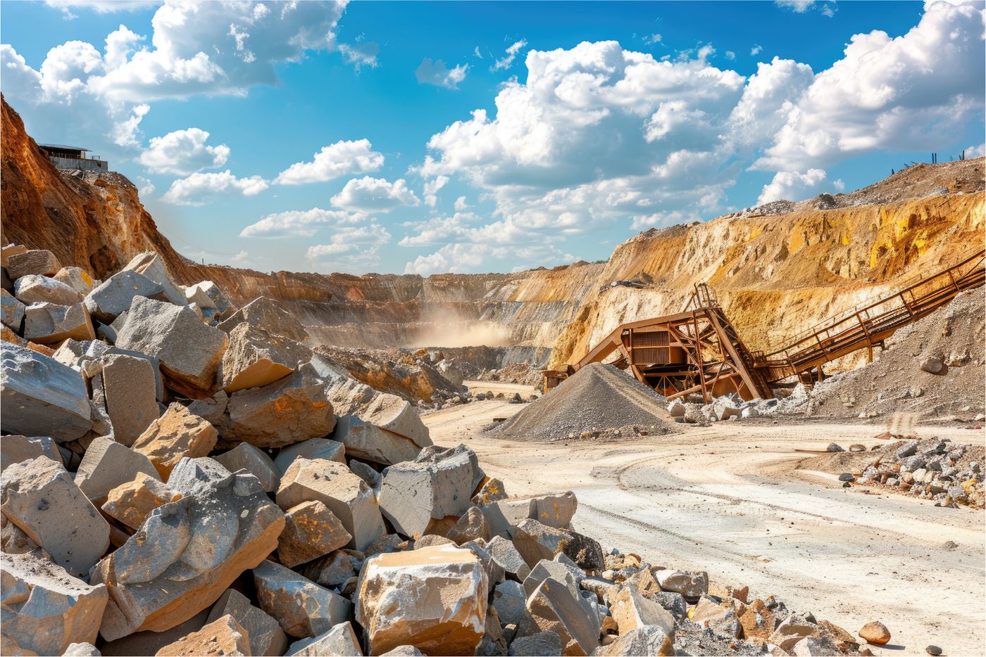 A stockpile of crushed rock under a blue sky