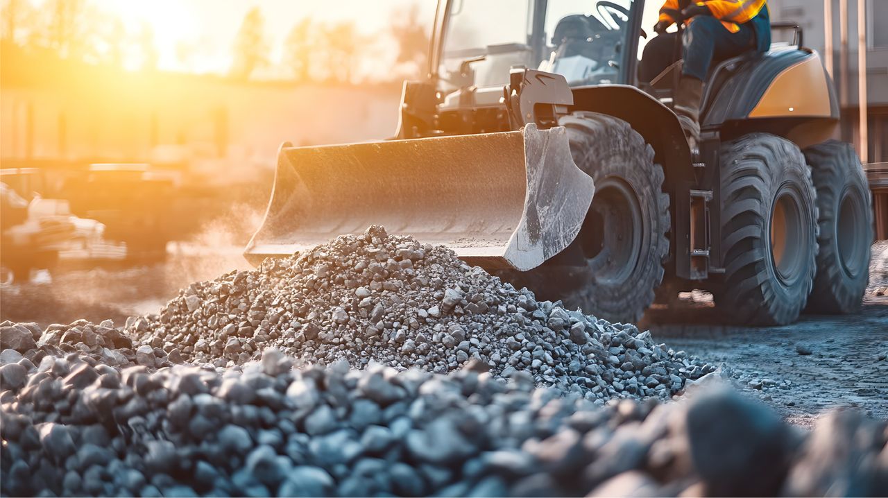 An aggregate stockpile with plant machinery behind